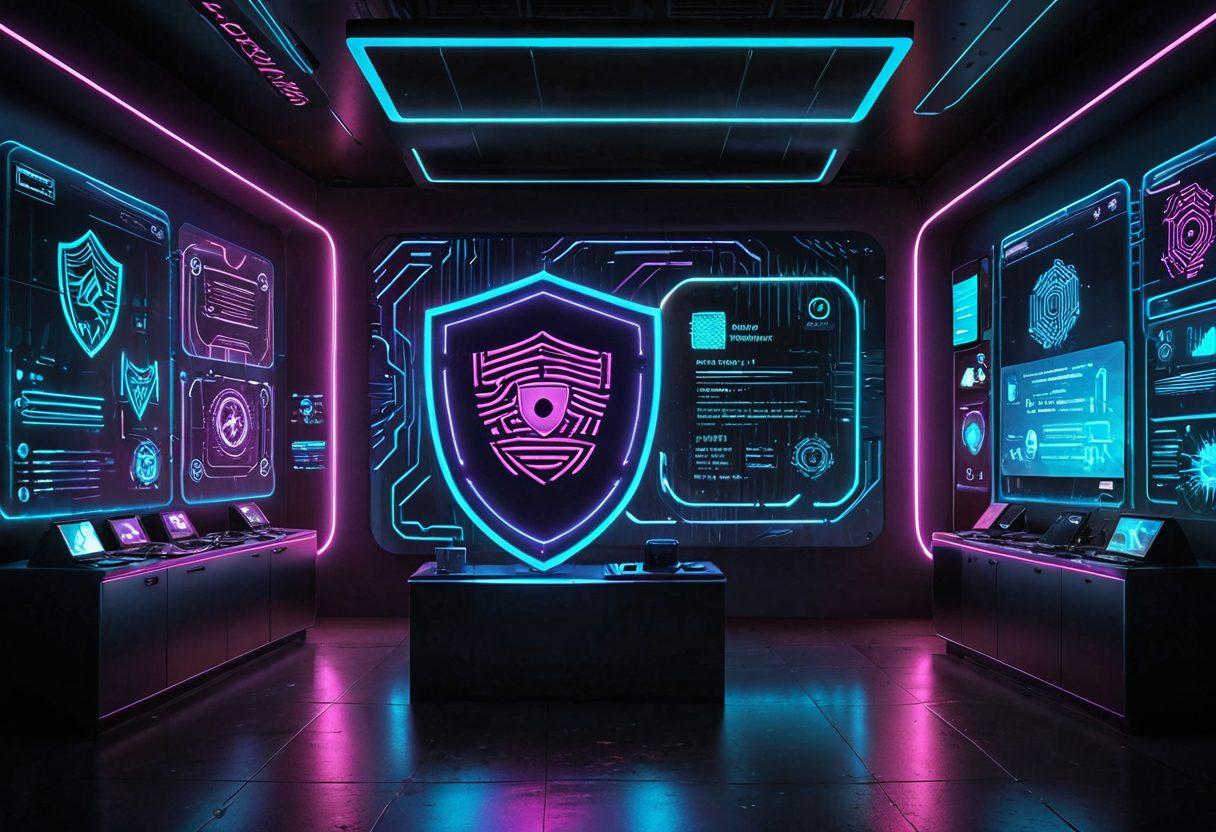 A futuristic digital landscape showcasing secure online payment systems, featuring a shield symbolizing protection, vibrant neon colors reflecting the sexual entertainment theme, integrated biometric icons like fingerprints and facial recognition, and a sleek user interface in the background. super-realistic. vibrant colors. cyberpunk.