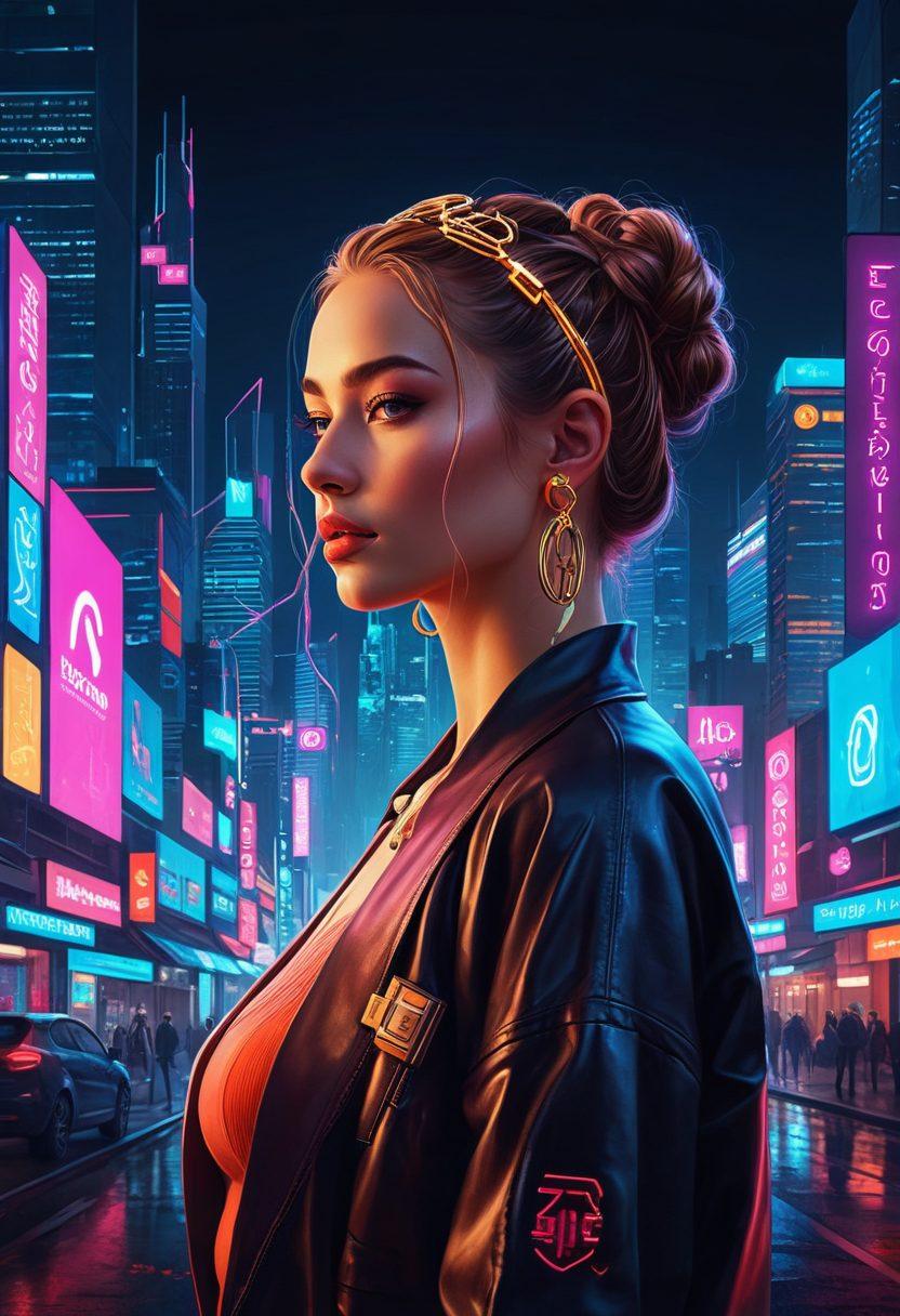 An abstract representation of secure digital payments intertwined with erotic media elements, featuring symbols like locks, coins, and tasteful adult imagery, set against a futuristic city backdrop. The color scheme should evoke a sense of sophistication and safety with dark tones contrasted by vibrant neon highlights. Include hints of virtual reality and blockchain motifs to represent the future of e-commerce. digital art. cyberpunk. vibrant colors.