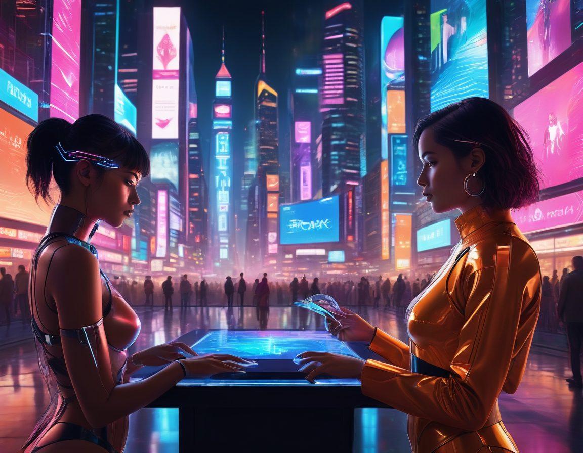 A futuristic digital landscape showcasing vibrant holographic interfaces for payment systems, intertwined with sensual abstract shapes symbolizing erotic media. In the foreground, a diverse group of people interacting with their devices, with glowing animations and currency symbols floating around. The background features illuminated cityscapes that hint at technological advancement and intimacy. Rich color palette with warm and inviting tones. cyberpunk. vibrant colors.